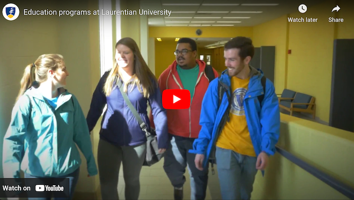 YouTube Thumbnail for the Education programs at Laurentian University video showing Education students walking down a hallway and talking to each other.
